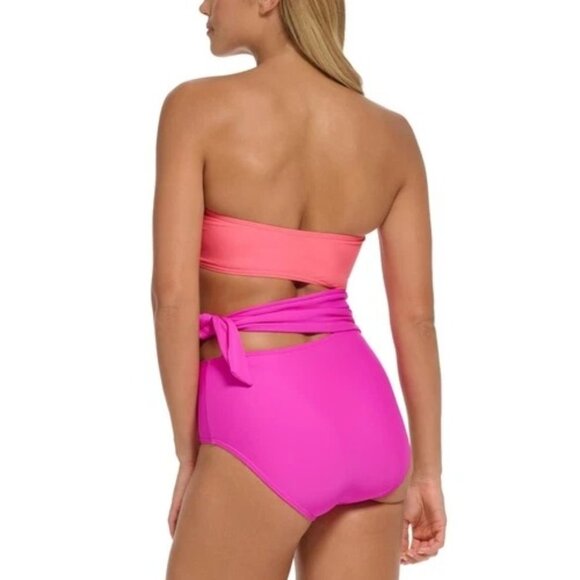 DKNY One Piece Swimsuit Removable Strap Cutouts Tie Waist Colorblock Pink 12 - Picture 2 of 6